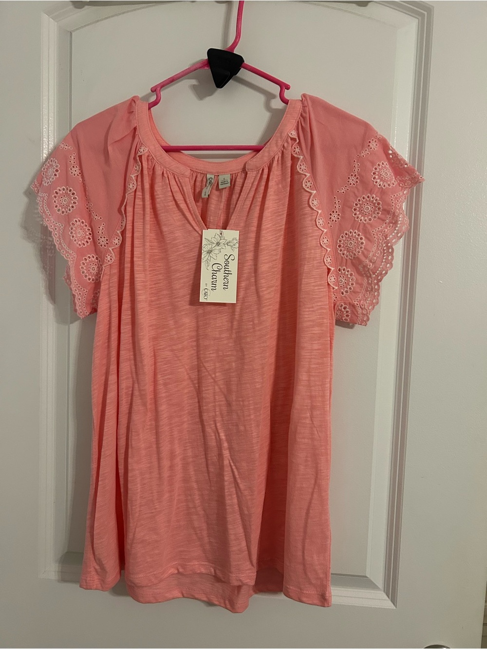Cato Coral Eyelet Sleeve Tunic Top